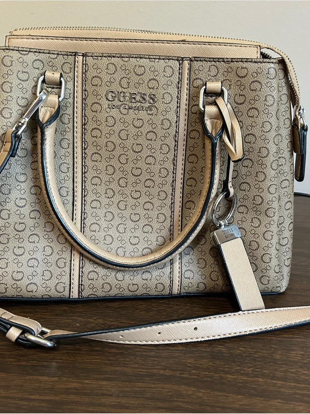 GUESS Tan Logo Print Satchel with Beige Trim